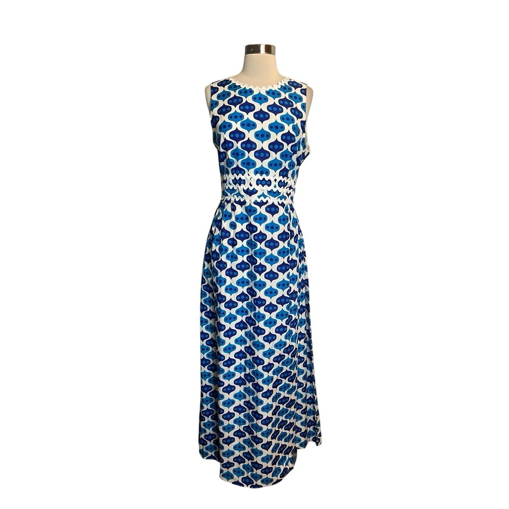 Jules Reid Maxi Dress Size 14 Blue White Geometric Sleeveless Preppy Retro